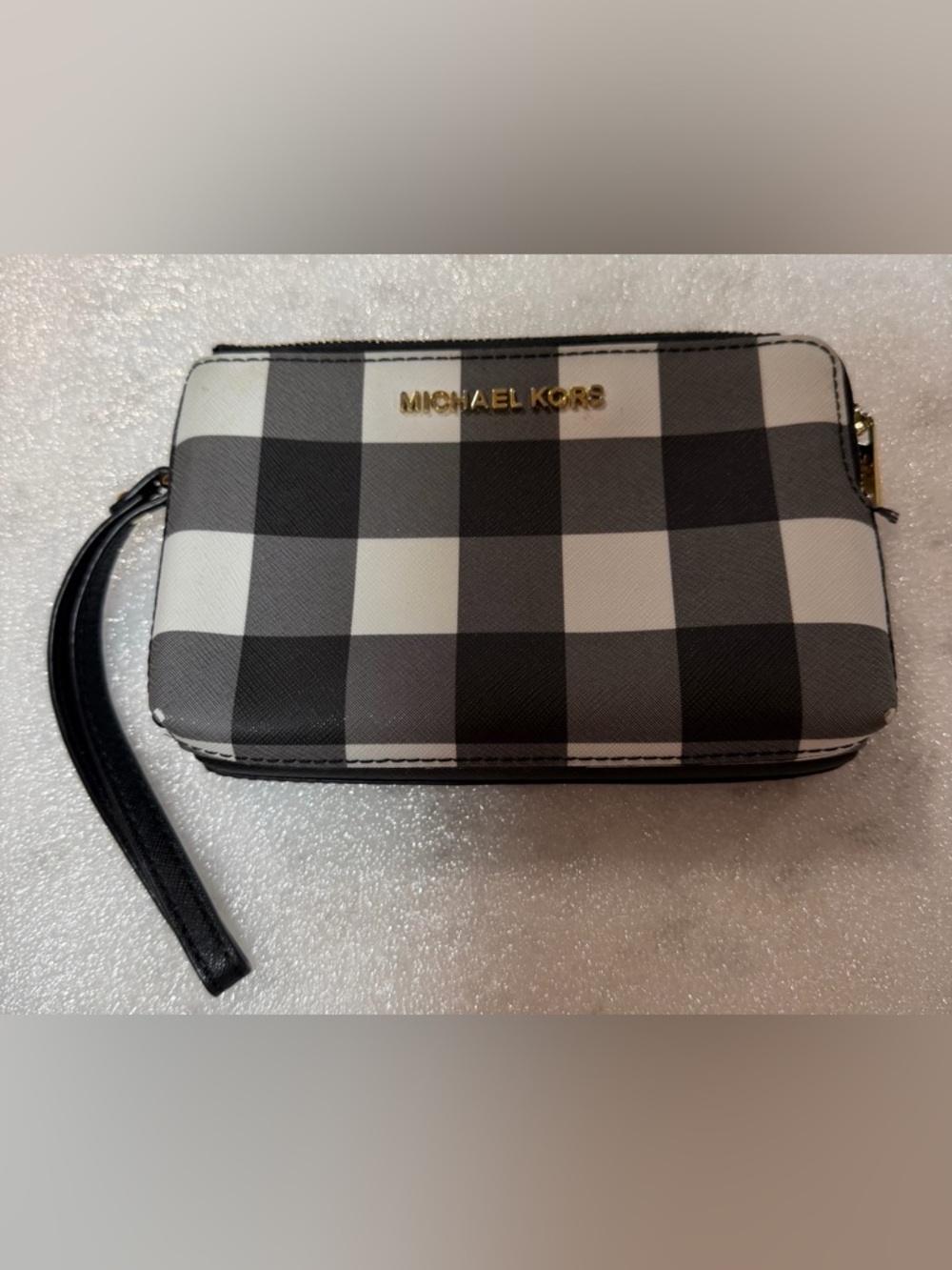 Michael Kors Black & White Gingham Zip wristlet